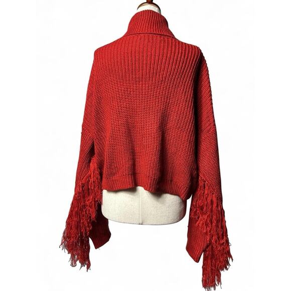 Red Fringe Turtleneck Cropped Ribbed Knit Sweater Sz L Western Cottage Cowgirl - Picture 4 of 7